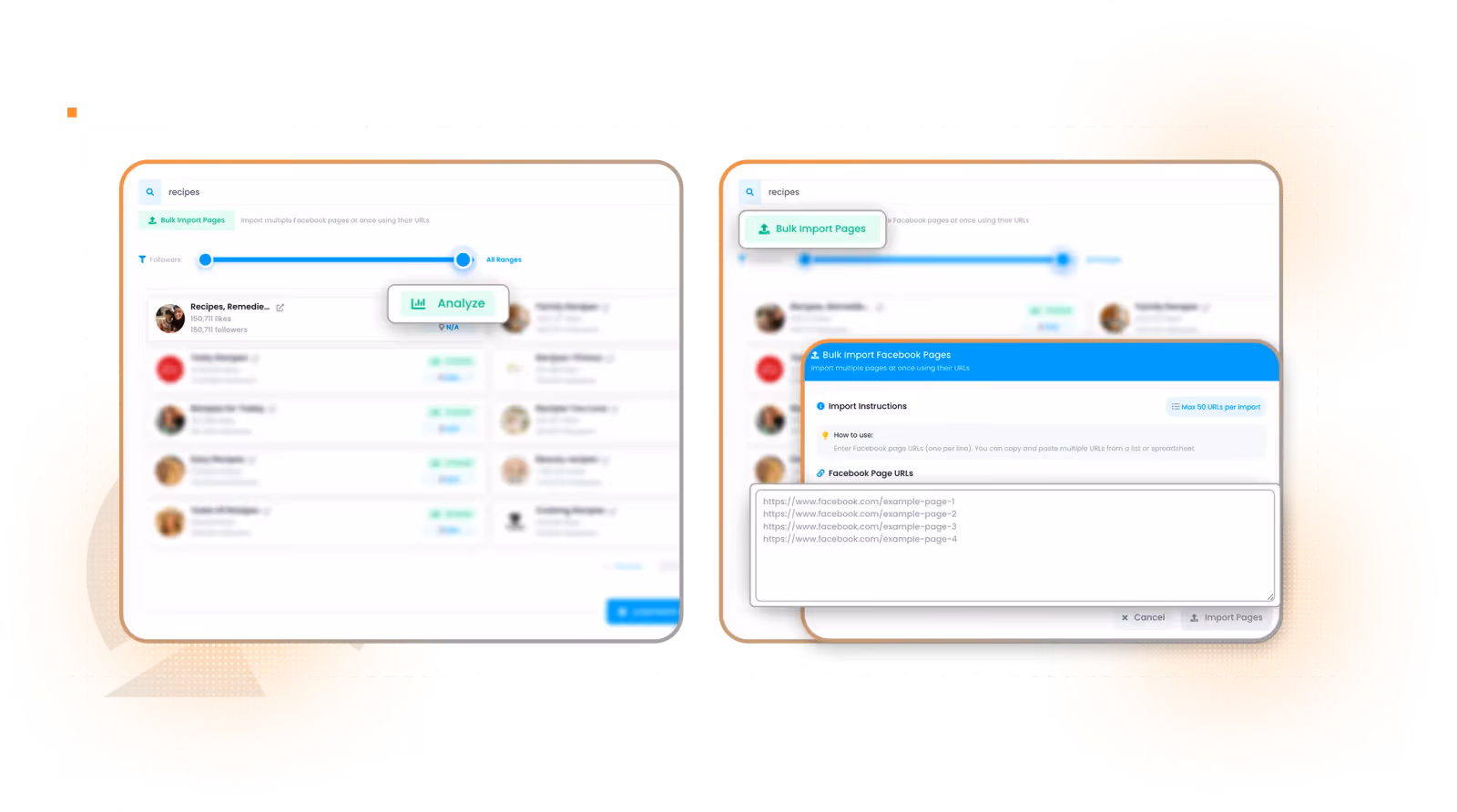 Contai search interface for finding Facebook pages in a niche